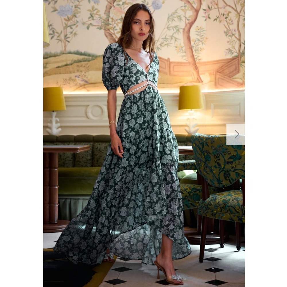 V. Chapman Emma Dress Emerald Peony Print Pearl Cut Out Maxi Floral Green Sz 4